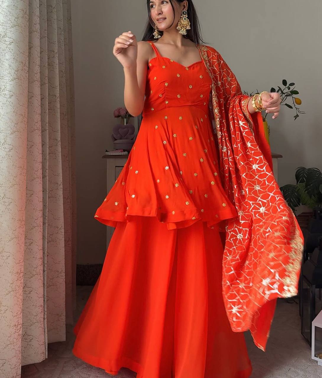 Bright Red Sharara Suit Set with Heavy Embroidered Dupatta