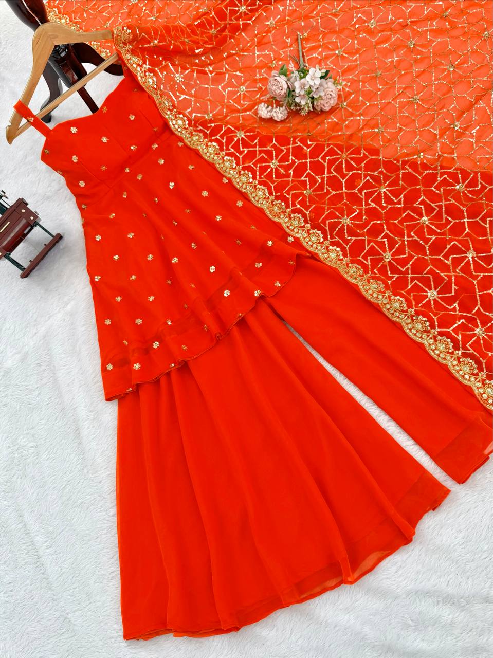 Bright Red Sharara Suit Set with Heavy Embroidered Dupatta