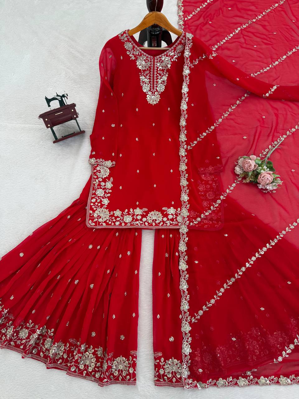 Deep Red Heavy Embroidered Sharara Suit Set with Dupatta