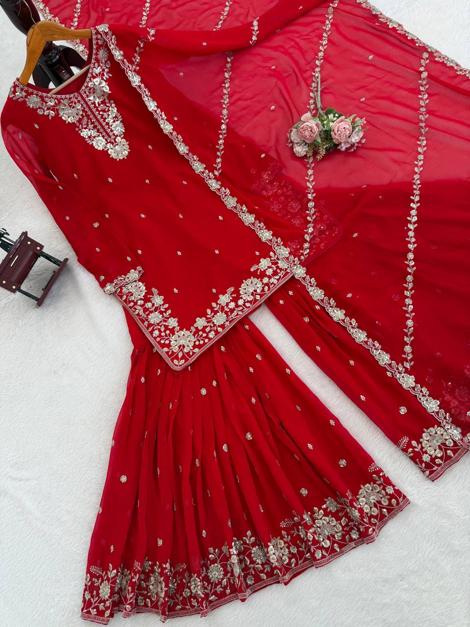 Deep Red Heavy Embroidered Sharara Suit Set with Dupatta
