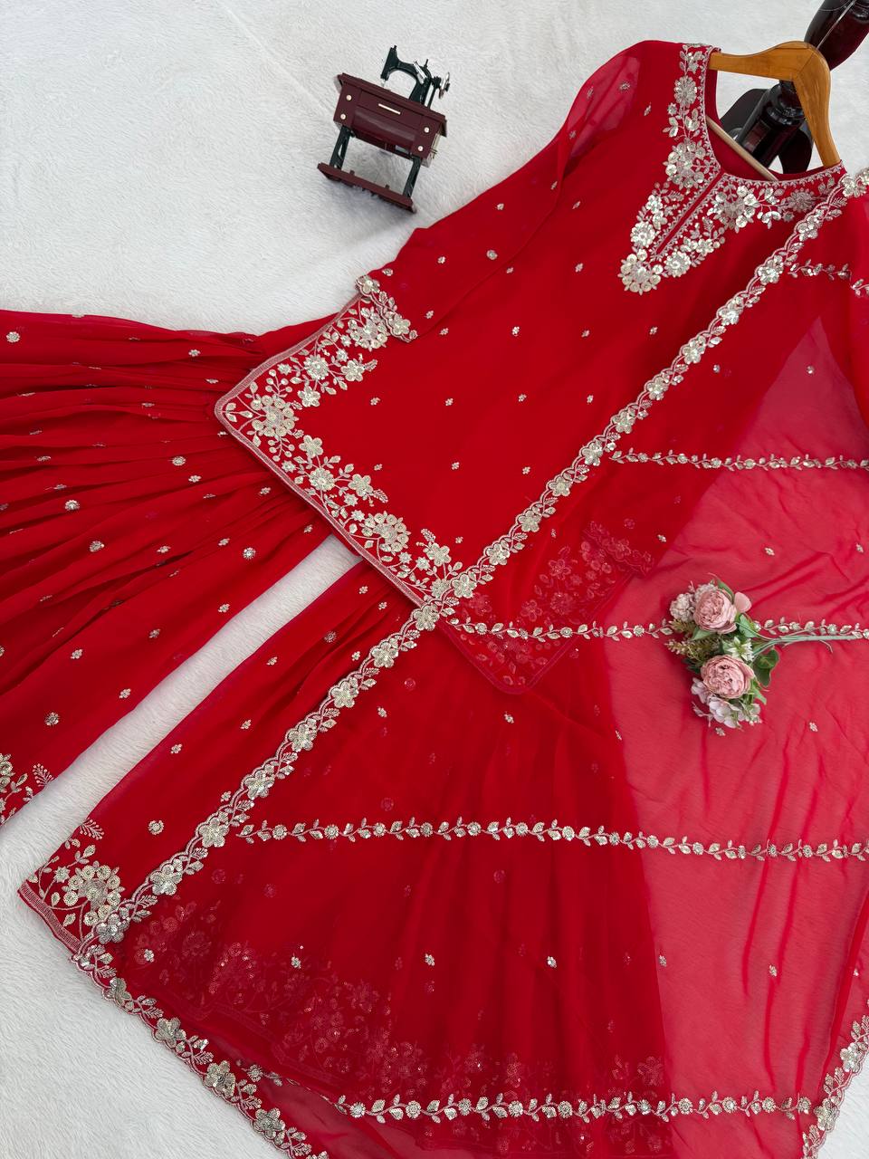 Deep Red Heavy Embroidered Sharara Suit Set with Dupatta