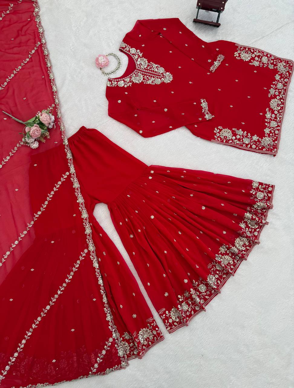 Deep Red Heavy Embroidered Sharara Suit Set with Dupatta