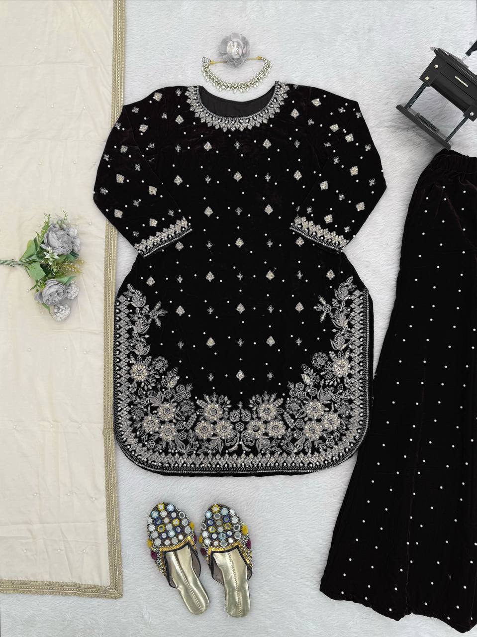 6 Color Velvet Embroidered Kurti Palazzo Set with Dupatta