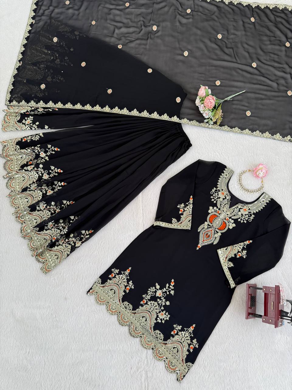 Heavy Embroidered Kurti Sharara Set with Dupatta – 4 Stunning Colors