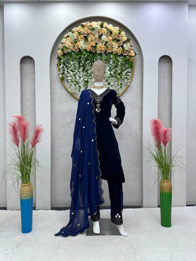 Navy Blue Velvet Embellished Kurti Pant Set with Dupatta