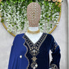 Navy Blue Velvet Embellished Kurti Pant Set with Dupatta