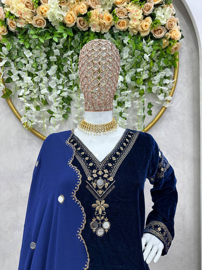 Navy Blue Velvet Embellished Kurti Pant Set with Dupatta