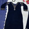 Navy Blue Velvet Embellished Kurti Pant Set with Dupatta