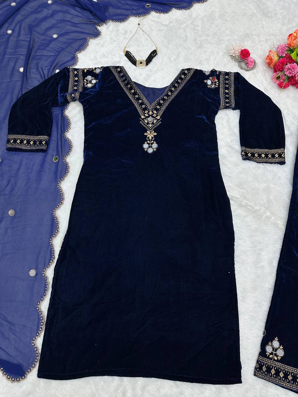 Navy Blue Velvet Embellished Kurti Pant Set with Dupatta