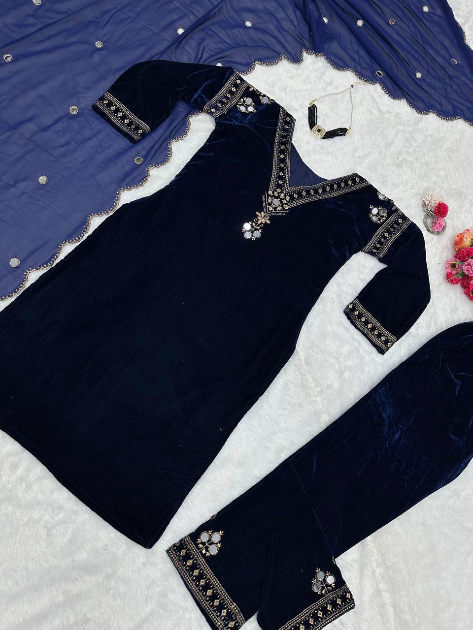 Navy Blue Velvet Embellished Kurti Pant Set with Dupatta
