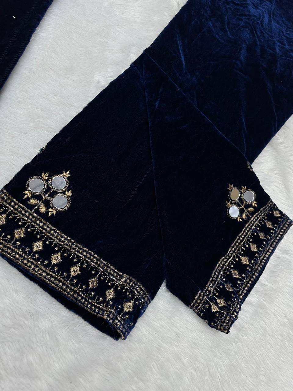 Navy Blue Velvet Embellished Kurti Pant Set with Dupatta