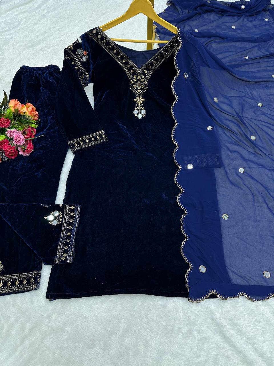 Navy Blue Velvet Embellished Kurti Pant Set with Dupatta
