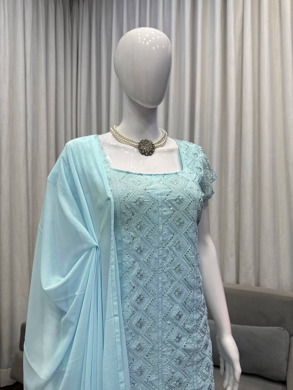 Embroidered Straight Kurti Palazzo Set with Dupatta (3 Colors)