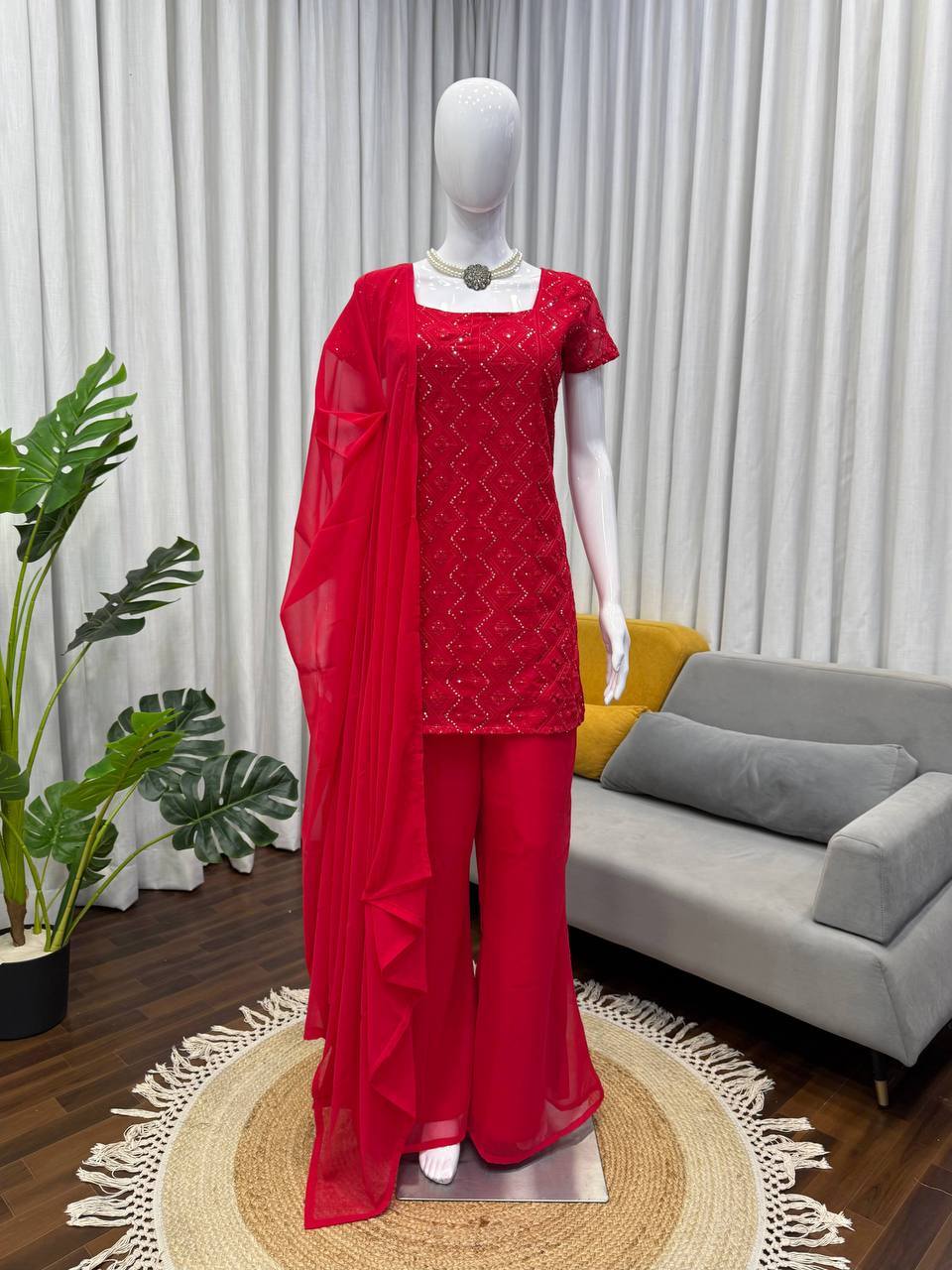 Embroidered Straight Kurti Palazzo Set with Dupatta (3 Colors)