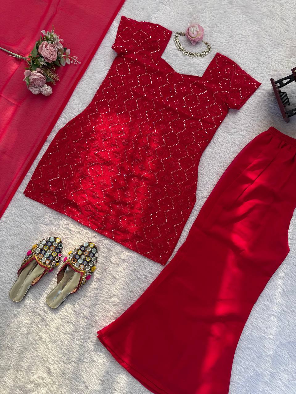 Embroidered Straight Kurti Palazzo Set with Dupatta (3 Colors)