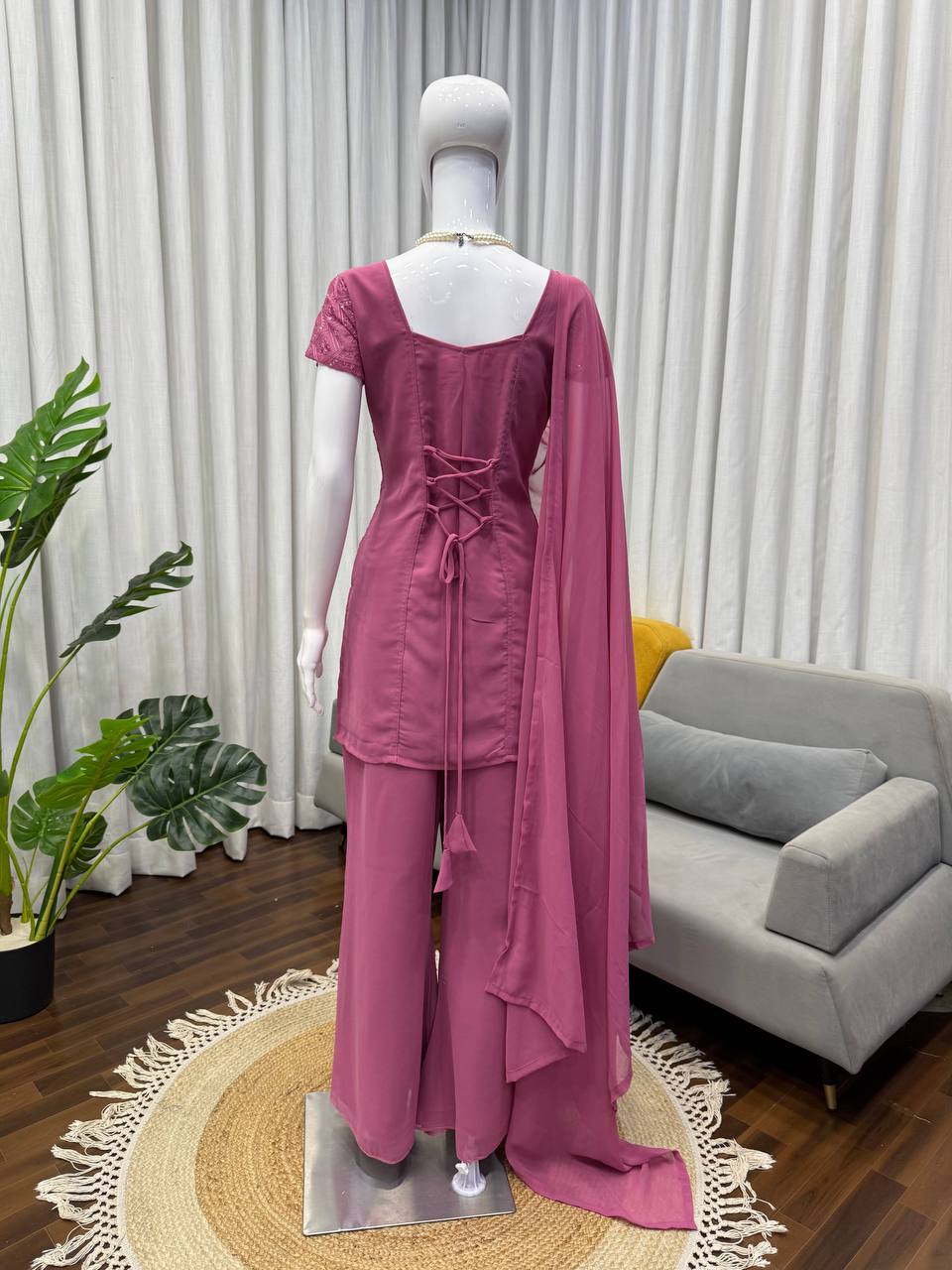 Embroidered Straight Kurti Palazzo Set with Dupatta (3 Colors)