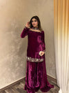 Wine Velvet Embroidered Kurti Palazzo Set with Dupatta