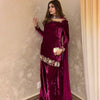 Wine Velvet Embroidered Kurti Palazzo Set with Dupatta