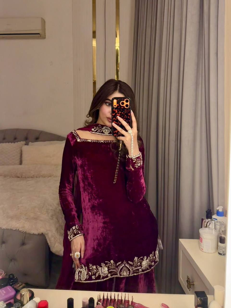 Wine Velvet Embroidered Kurti Palazzo Set with Dupatta