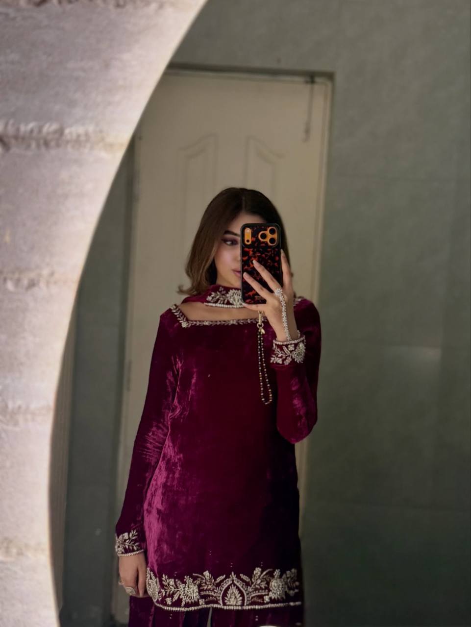 Wine Velvet Embroidered Kurti Palazzo Set with Dupatta