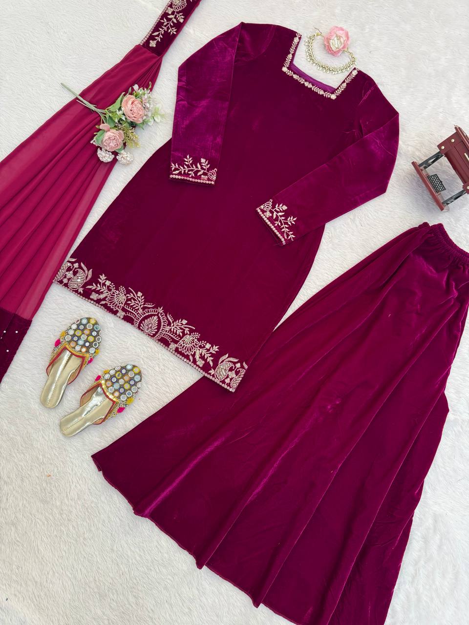 Wine Velvet Embroidered Kurti Palazzo Set with Dupatta
