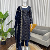 Navy Blue Embroidered Kurti Pant Set with Designer Dupatta