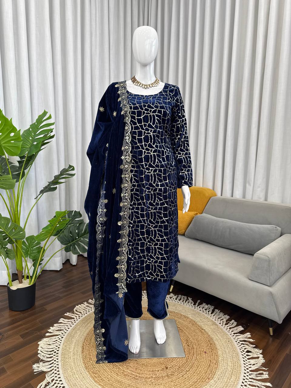 Navy Blue Embroidered Kurti Pant Set with Designer Dupatta