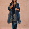 Teal Blue Velvet Embroidered Kurti Pant Set with Dupatta