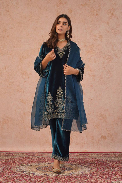 Teal Blue Velvet Embroidered Kurti Pant Set with Dupatta