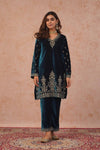 Teal Blue Velvet Embroidered Kurti Pant Set with Dupatta