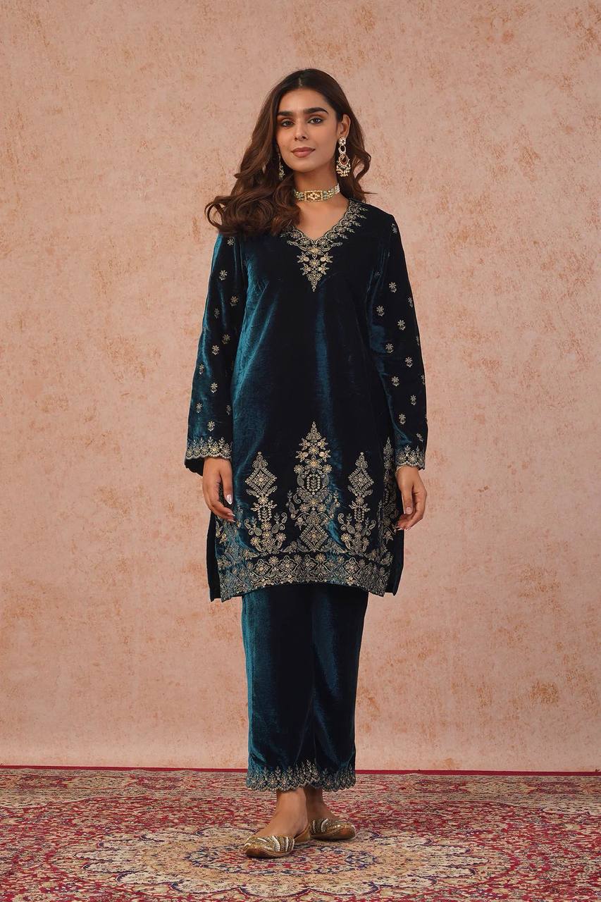 Teal Blue Velvet Embroidered Kurti Pant Set with Dupatta