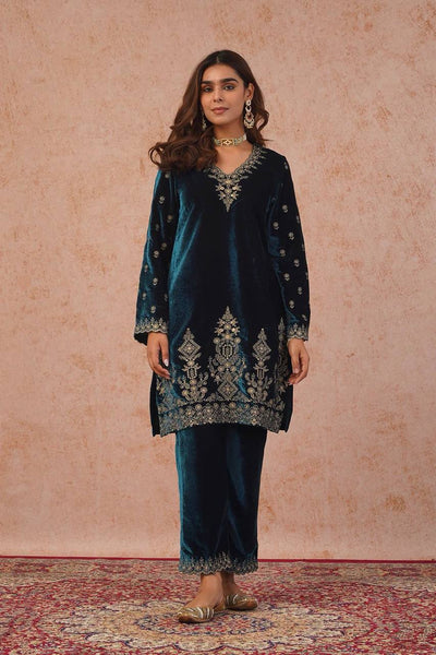 Teal Blue Velvet Embroidered Kurti Pant Set with Dupatta