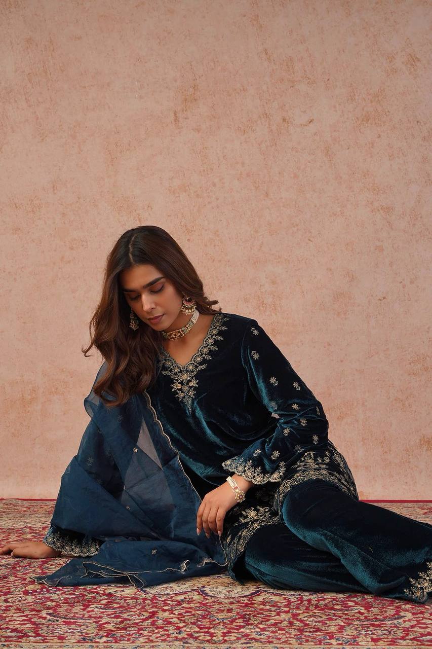 Teal Blue Velvet Embroidered Kurti Pant Set with Dupatta