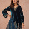 Teal Blue Velvet Embroidered Kurti Pant Set with Dupatta