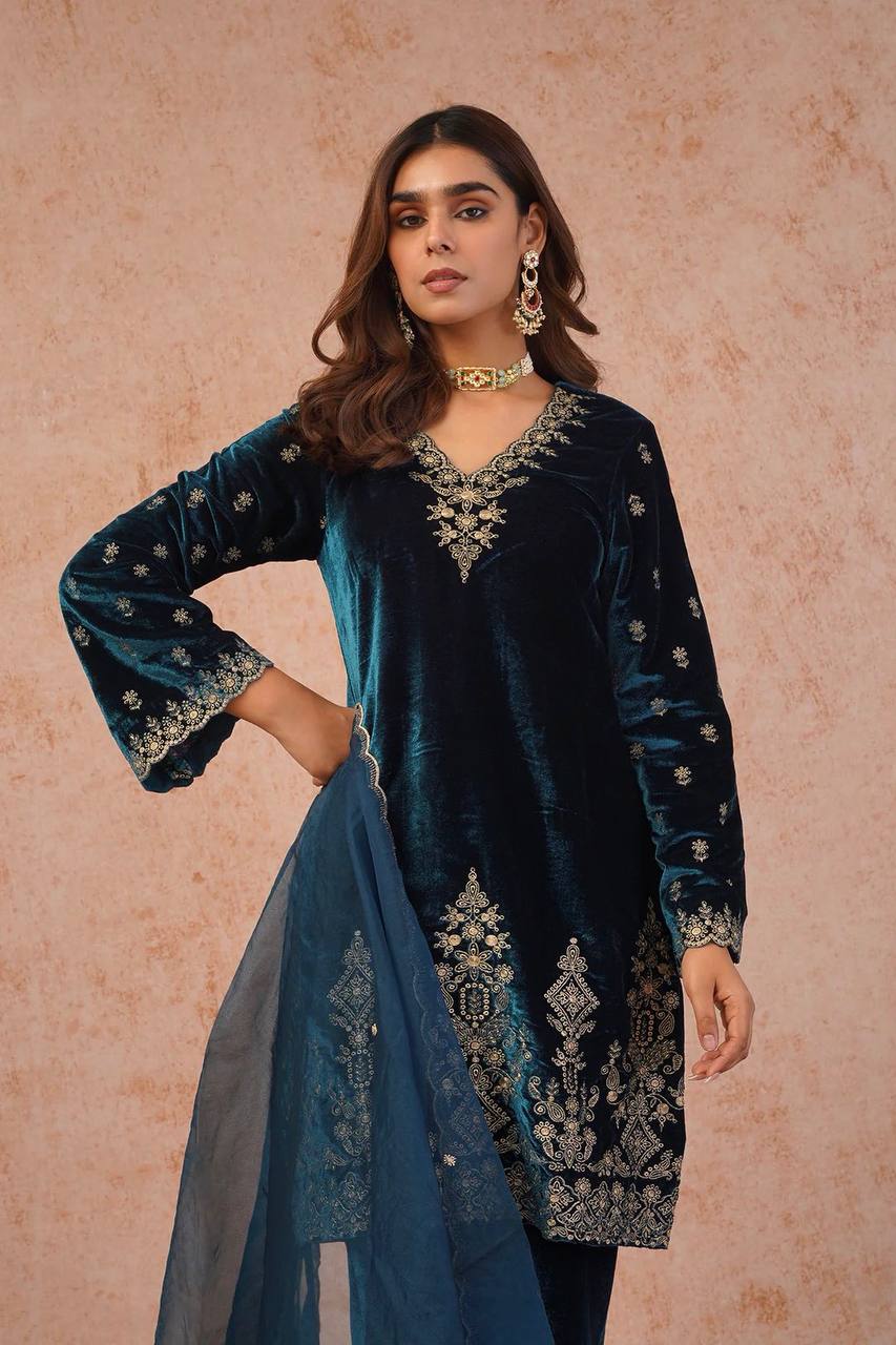 Teal Blue Velvet Embroidered Kurti Pant Set with Dupatta