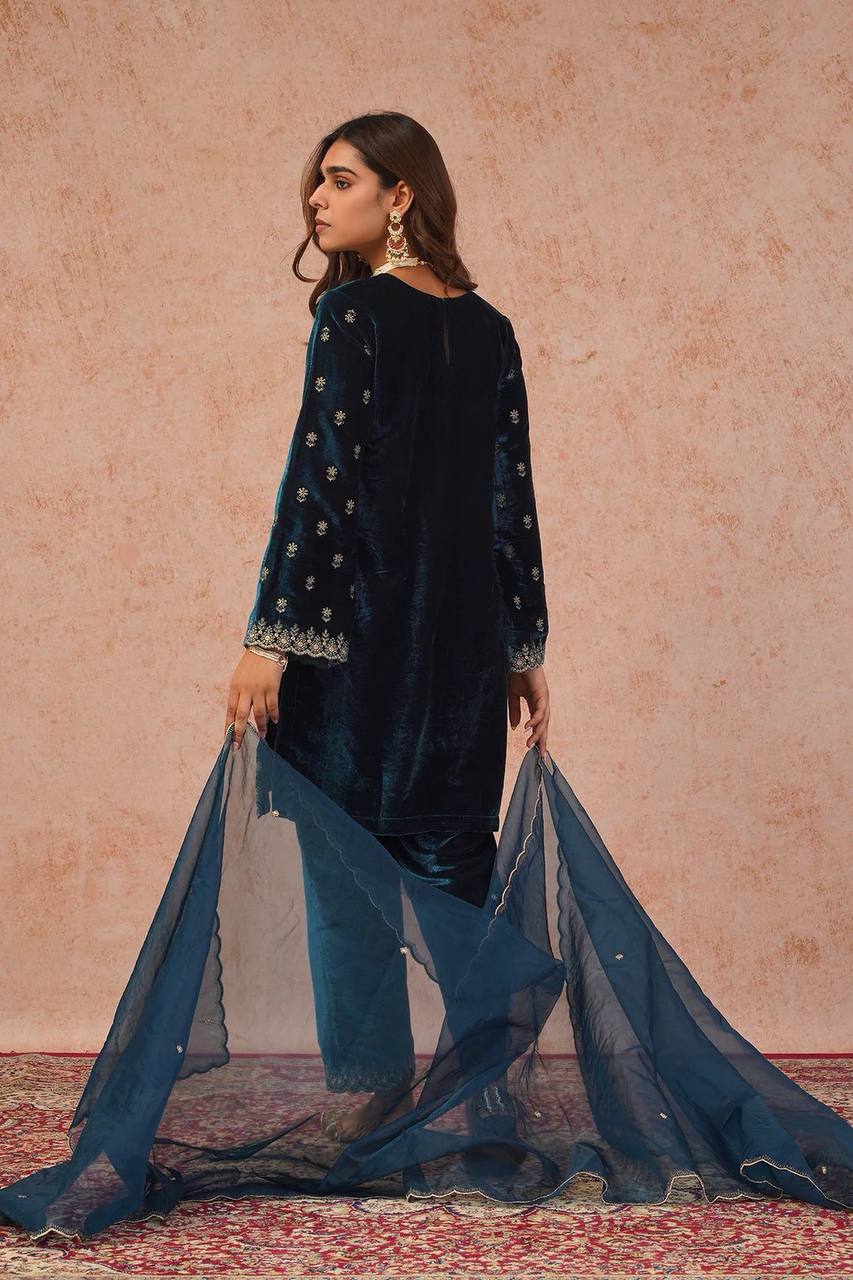 Teal Blue Velvet Embroidered Kurti Pant Set with Dupatta