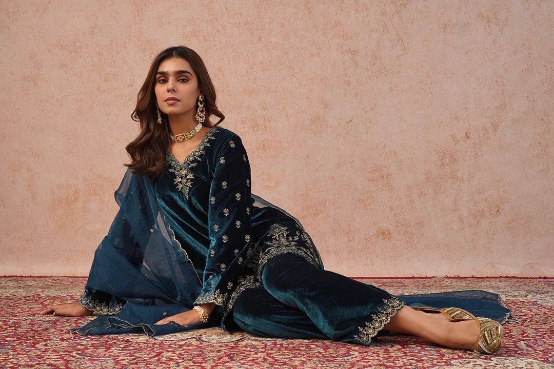 Teal Blue Velvet Embroidered Kurti Pant Set with Dupatta