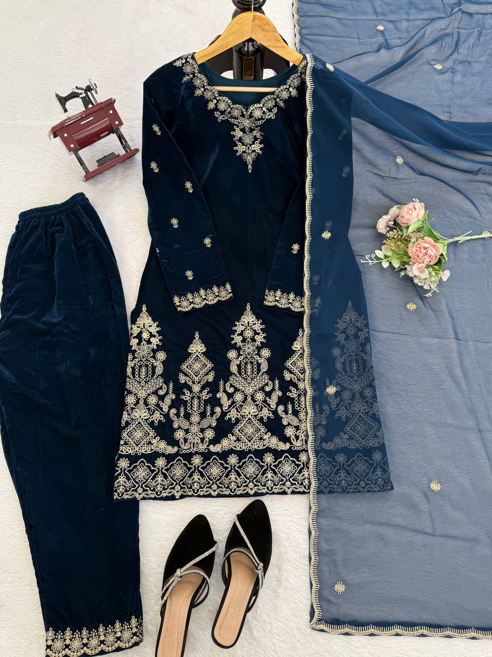Teal Blue Velvet Embroidered Kurti Pant Set with Dupatta