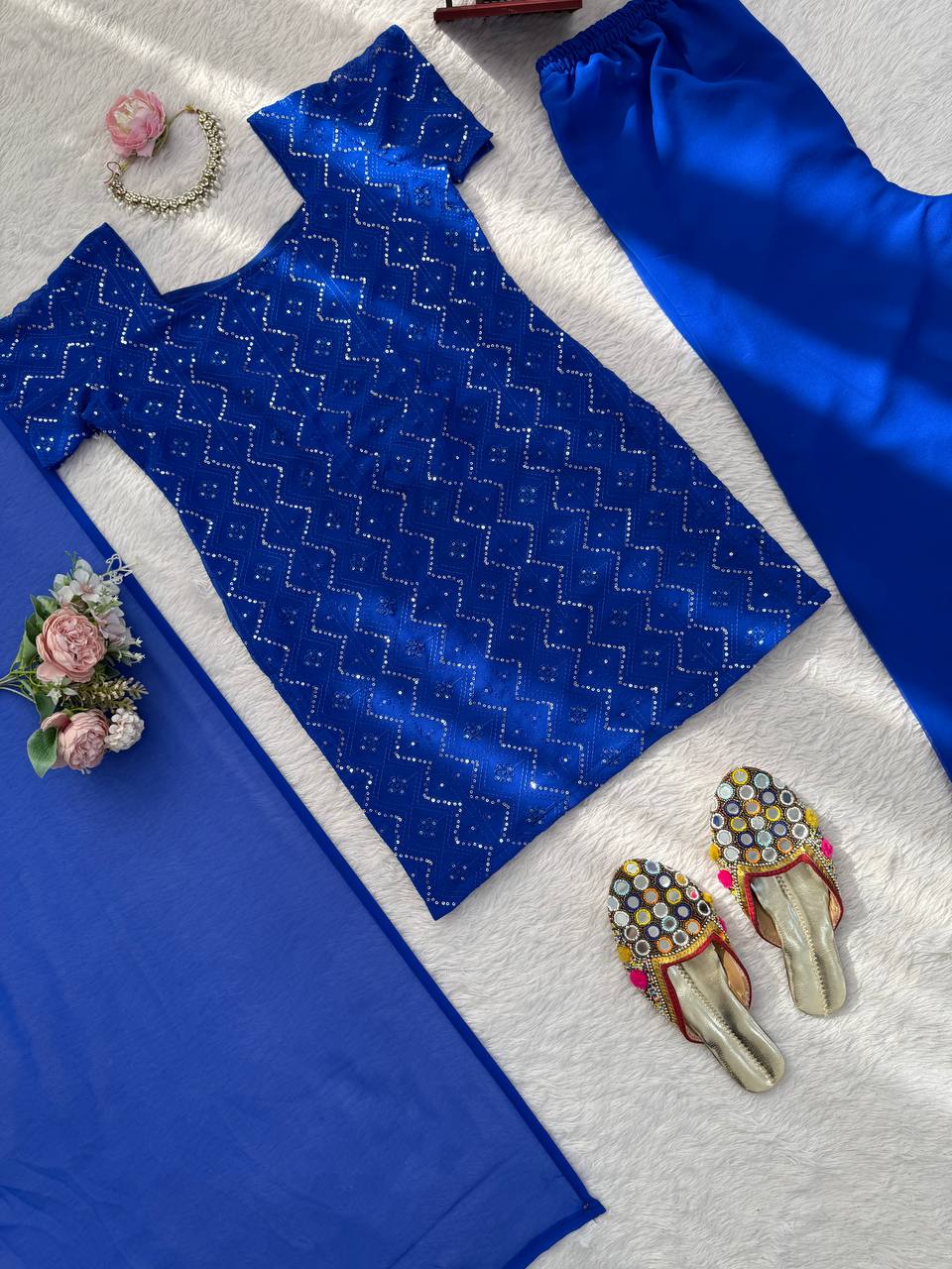 Embroidered Straight Kurti Palazzo Set with Dupatta (3 Colors)