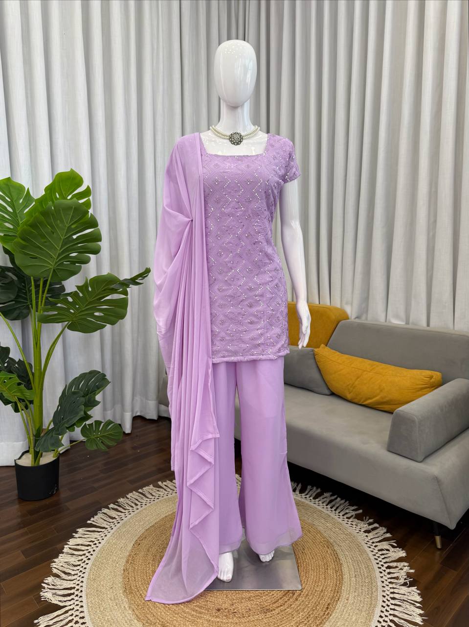 Embroidered Straight Kurti Palazzo Set with Dupatta (3 Colors)