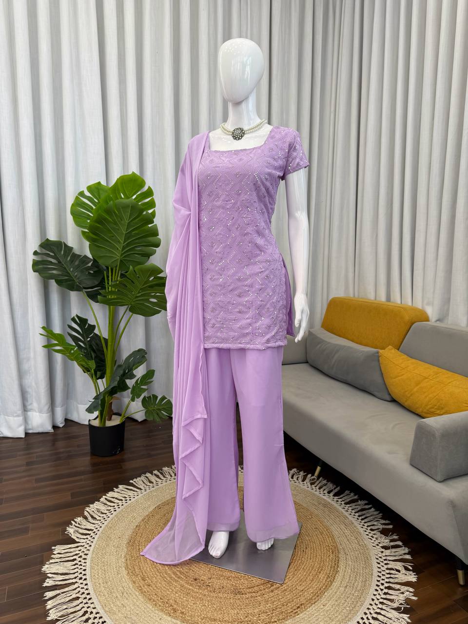 Embroidered Straight Kurti Palazzo Set with Dupatta (3 Colors)