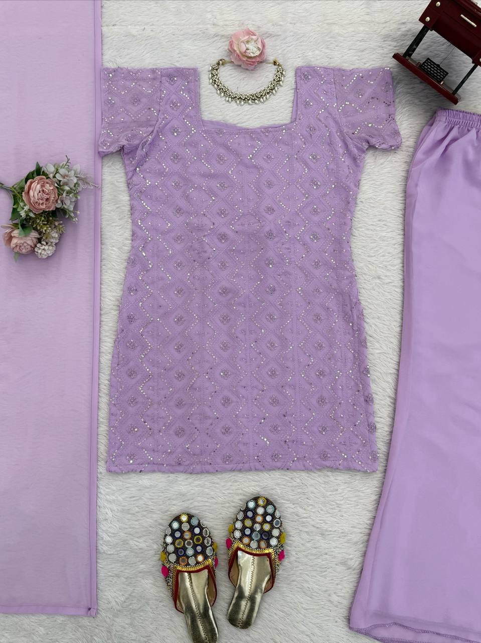 Embroidered Straight Kurti Palazzo Set with Dupatta (3 Colors)