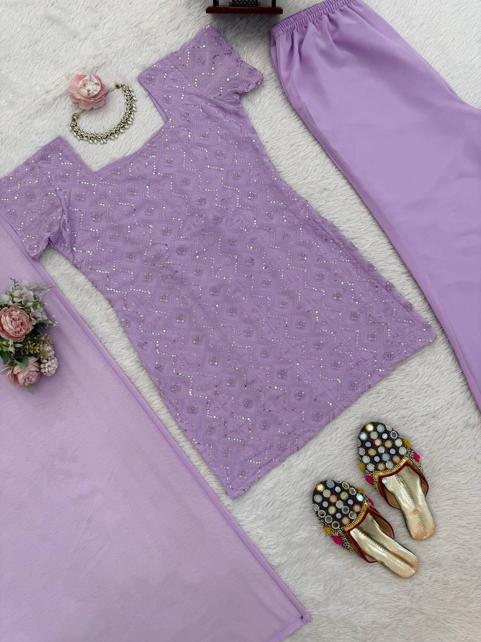 Embroidered Straight Kurti Palazzo Set with Dupatta (3 Colors)