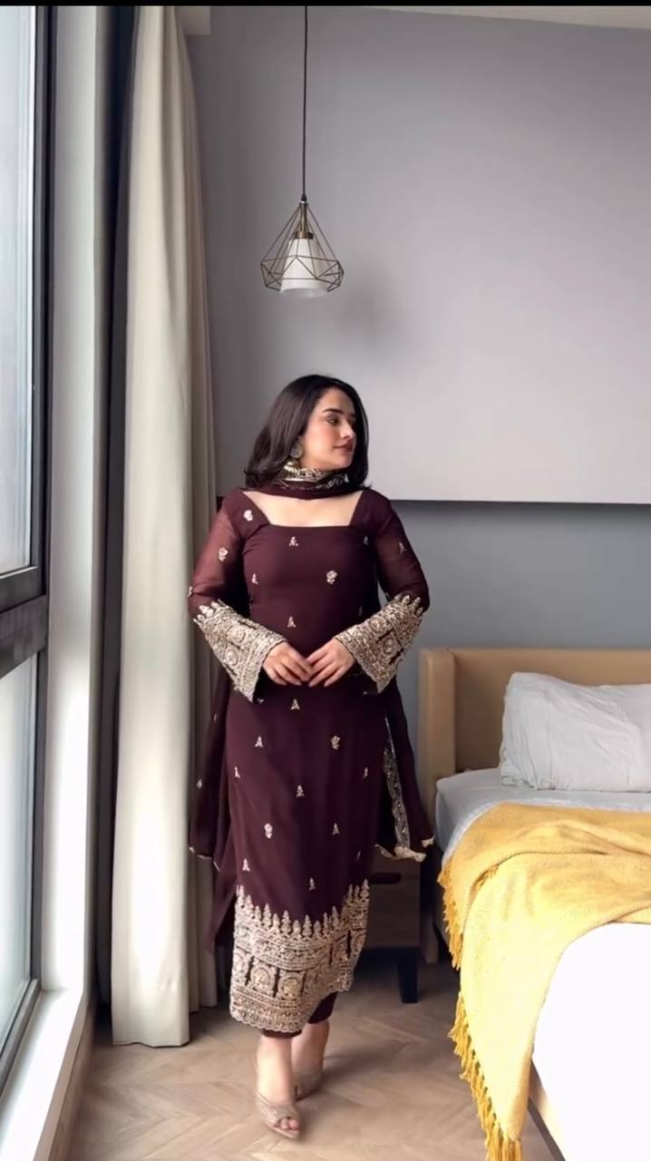 Maroon Heavy Embroidered Kurti Pant Set with Dupatta