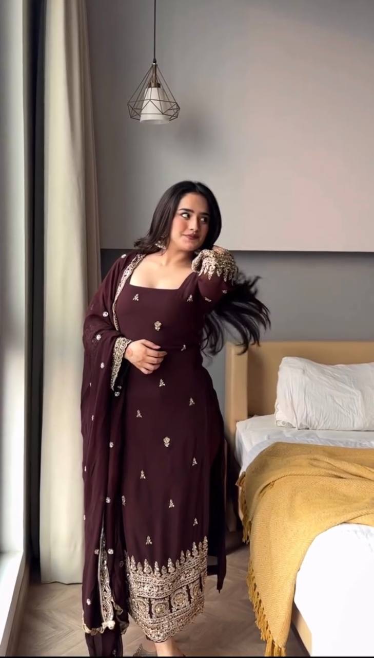 Maroon Heavy Embroidered Kurti Pant Set with Dupatta