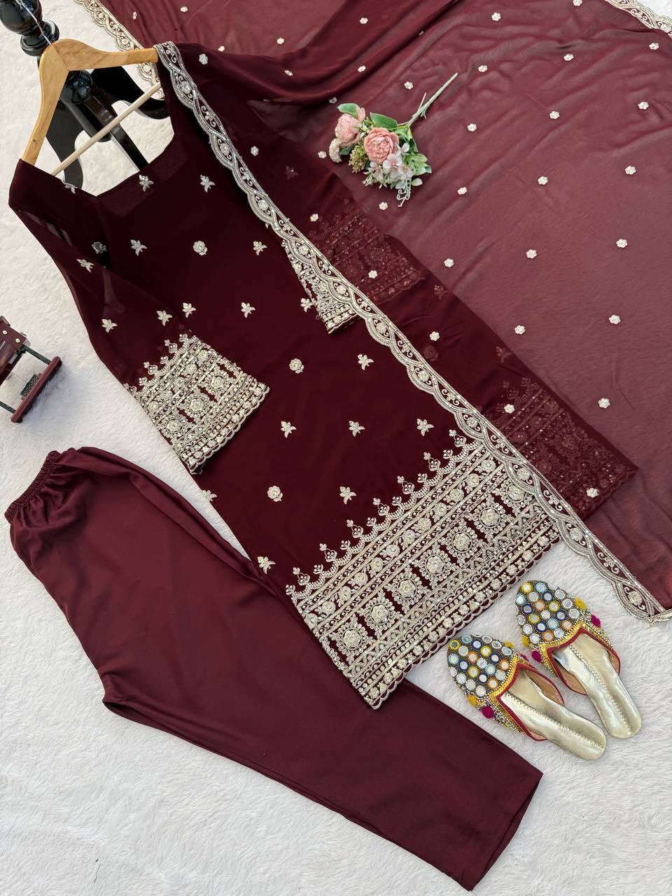 Maroon Heavy Embroidered Kurti Pant Set with Dupatta