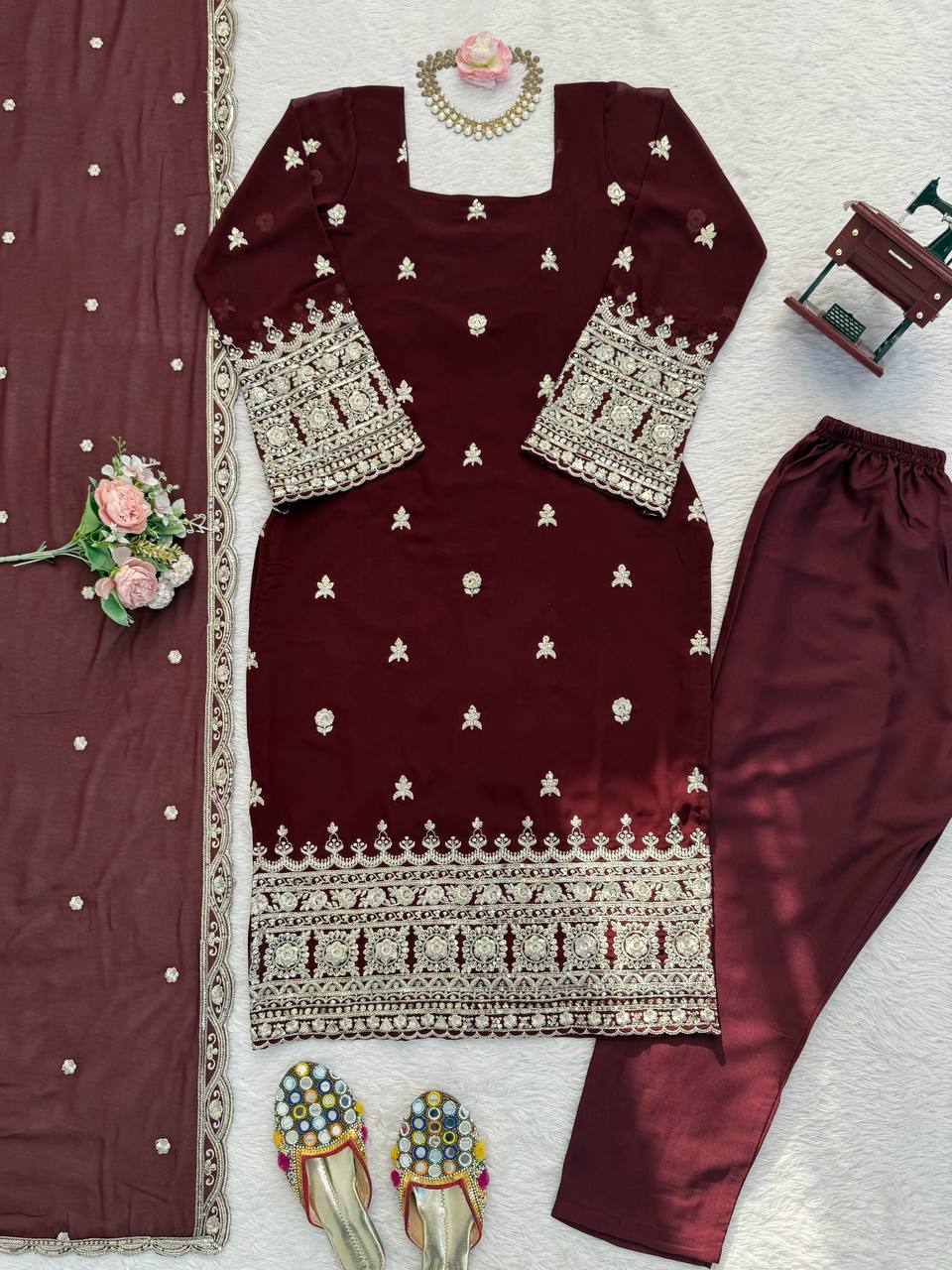 Maroon Heavy Embroidered Kurti Pant Set with Dupatta