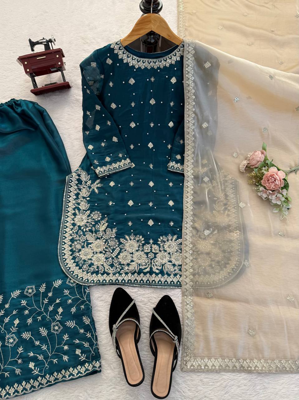 Heavy Embroidered Kurti Palazzo Set with Dupatta – 4 Elegant Colors