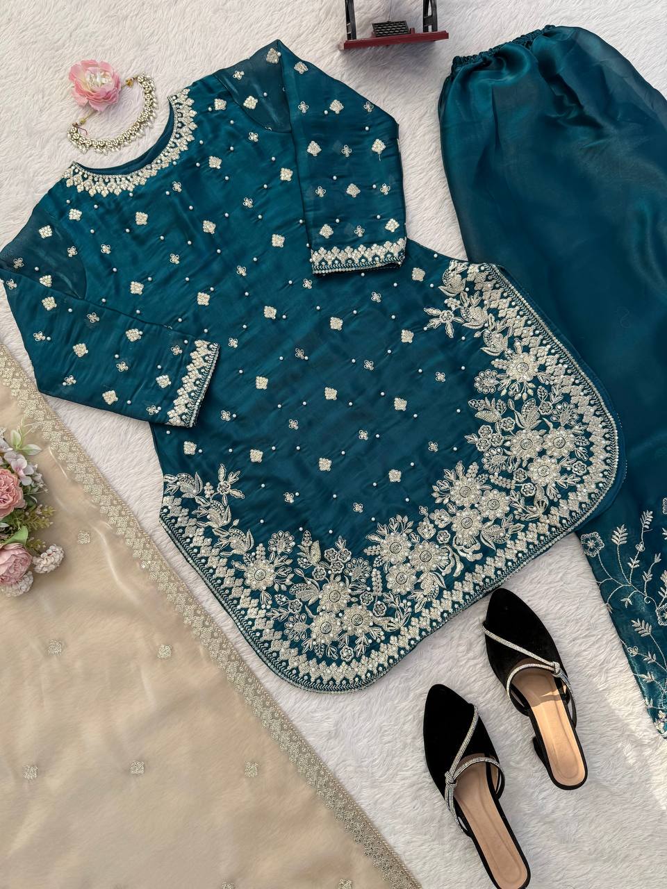 Heavy Embroidered Kurti Palazzo Set with Dupatta – 4 Elegant Colors