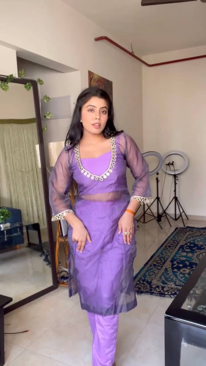 Mirror Work Organza Kurti with Satin Inner & Pants – 2 Color Options